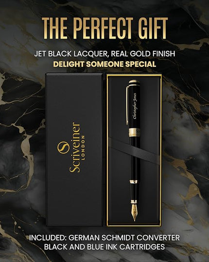 Scriveiner Personalized Black Fountain Pen - Stunning Luxury Pen, Jet Black Lacquer, Real Gold Plating, German Schmidt Nib (Medium), Best Engraved Gift Set for Men & Women, Name Engraving
