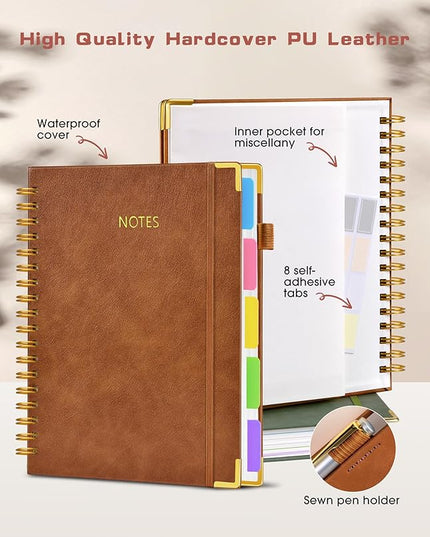 Hardcover Spiral Notebook Journal with Removable Dividers Tabs, 300 Pages Leather 5 Subject Notebook College Ruled, 8"x10" Large B5 Notebooks for Work School, Lined Journal for Men, Light Brown