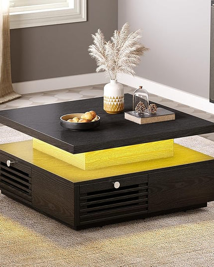 IRONCK Coffee Table with LED Light and Charging Station, 4 Storage Drawers with Grille Design, Square Coffee Table for Living Room Office Reception Room (Black)