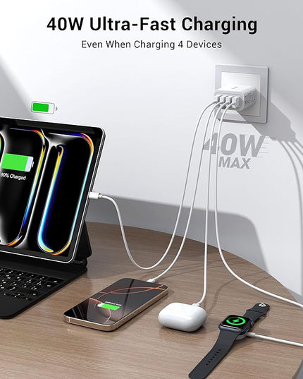 40W USB Wall Charger Block, 2-Pack 4-Port USB A Fast Charging Brick Dual QC Wall Plug Adapter Compatible for iPhone 17/16/15/14/13/12/11 Pro Max Plus,iPad,Galaxy