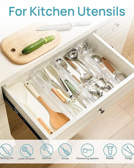 Vtopmart 2.36” Drawer Dividers with Expandable Inserts, 12.8"-22.3" Adjustable Kitchen Drawer Organizer, Clear Plastic Organizer Separator for Flatware, Utensil, Cutlery, 4 Dividers with 6 Inserts