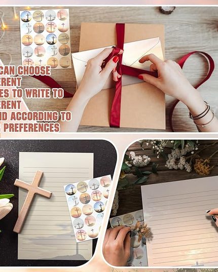 TaoBary 160 Pcs Stationery Paper Set 50 Double Sided Stationery Papers with 50 Matching Envelopes and 60 Round Dot Sticker, 10 Design(Religious Letter with Cross,8.5 x 11 Inch)