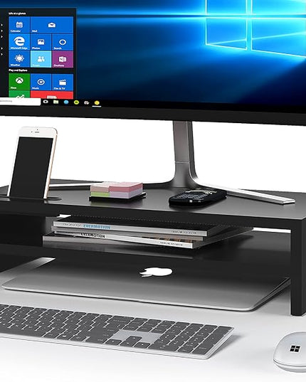 BONTEC Wood Monitor Stand Riser, 2-Tier Desktop Organizer with Storage, Ergonomic Computer Stand for Desk, Cable Management, Cellphone Holder, 21.3 Inch Shelf, Black