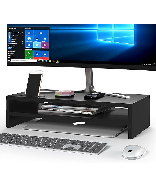 BONTEC Wood Monitor Stand Riser, 2-Tier Desktop Organizer with Storage, Ergonomic Computer Stand for Desk, Cable Management, Cellphone Holder, 21.3 Inch Shelf, Black