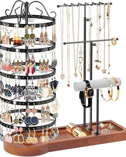 KALYLOC Jewelry Earring Holder Organizer, Adjustable 5 Tiers Rotating Earring Holder 3 Tier Necklace Holder with Wooden Base, Multi-Functional Jewelry Organizer Display Stand for Studs Bracelet Women