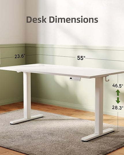 INNOVAR Electric Standing Desk, Adjustable Height Stand up Desks, 55 x 24 Inches Sit Stand up Desk for Home Office Computing, 3-Preset Memory Height Ergonomic Rising Desks, White