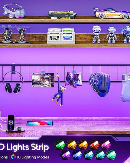 AODK L Shaped Gaming Desk with Hutch, 59" Computer Desk with 4 Drawers & Storage Shelves, Reversible Corner Desk with LED Light & Power Outlets, Gamer Table for for Home Office, Vintage