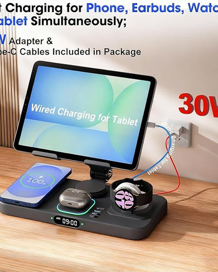 30W Tablet Wireless Charger for Samsung, Foldable Android Charging Station with Clock Display with 7-Color Light, Wireless Watch Charger for S25, Only Compatible Samsung Watch, Galaxy Buds3 Pro(Black