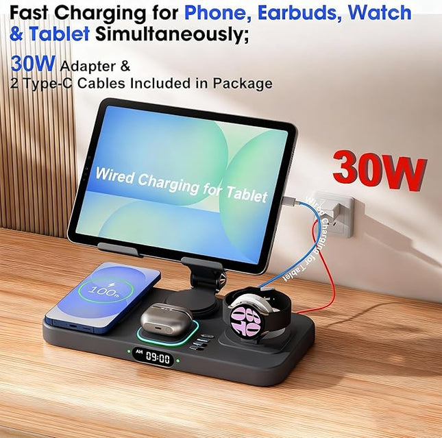 30W Tablet Wireless Charger for Samsung, Foldable Android Charging Station with Clock Display with 7-Color Light, Wireless Watch Charger for S25, Only Compatible Samsung Watch, Galaxy Buds3 Pro(Black