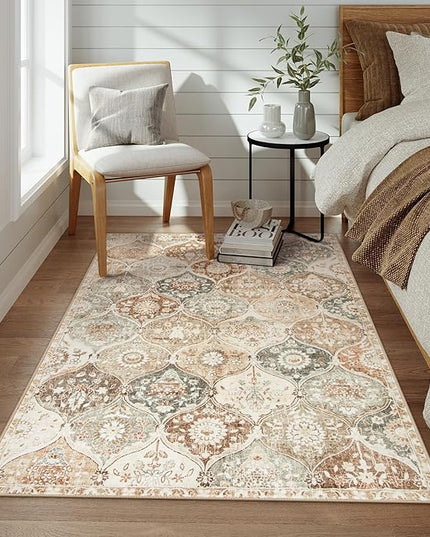 Lahome Moroccan Trellis Washable Small Area Rug, 3x5 Black Rug for Bedroom Living Room, Non-Slip Oriental Accent Throw Carpet for Kitchen Office Entryway Bathroom Office, Khaki