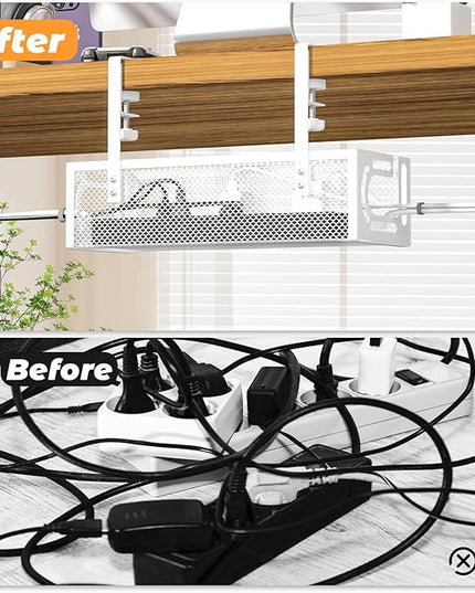 Under Desk Cable Management Tray, 15.7'' No Drill Steel Desk Cable Organizers, Wire Management Tray Cable Management Rack (1 Pack-White)