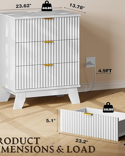 BORNOON 30.5" Nightstand with Charging Station, 3-Drawer Fluted Bedroom Chest, Wood Bedside Dresser with Power Outlets and USB Ports, Metal Slides, Stable Base, Modern Storage Cabinet for Small Spaces