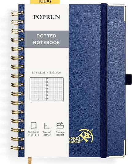 POPRUN Spiral Dotted Journal Notebook, [A5-5.75'' x 8.25''] - 120 GSM Thick Paper, 141 Numbered Pages, Hardcover for Men & Women with Pocket, Index Tabs, 8 Perforated Sheets, Navy Blue