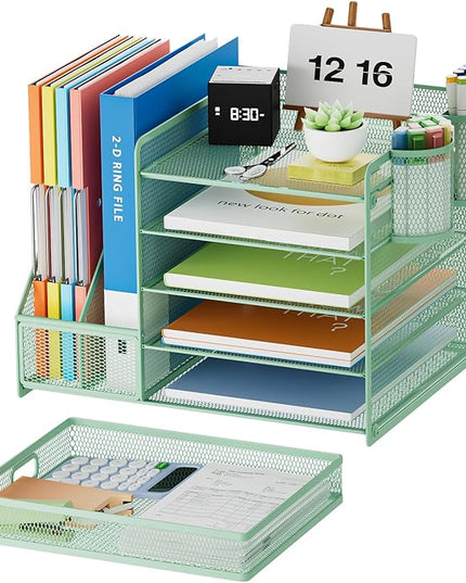 Marbrasse Desk Organizer with File Holder, 5-Tier Paper Letter Tray Organizer with Drawer and 2 Pen Holder, Mesh Desktop Organizer and Storage with Magazine Holder for Office Supplies (Green)