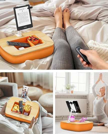 Tablet Pillow Stand for Lap Use with Snack Bowl and 360° Rotating Arm, Adjustable iPad Holder for Bed, Couch, and Recliner, Compatible with 4.7"-13" Kindle, iPad, Tablet, Phone,Orange