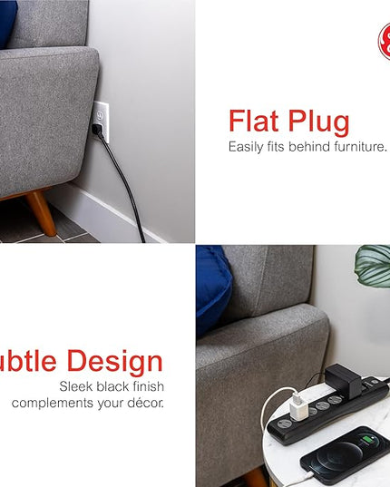 GE Surge Protector Power Strip, 6 Ft Extension Cord, 6 Outlet Extender, 800 Joules, Flat Plug, Twist-to-Close Safety Covers, ETL Listed, Black, 33661