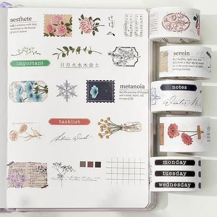 WT Seasonal Splendor Washi Tape Sticker Set, 5 Rolls, Original Designs, Vintage Watercolor Floral Design, Adhesive Stickers for Junk Journals, Scrapbooks, Bujo, Planners, DIY Crafts