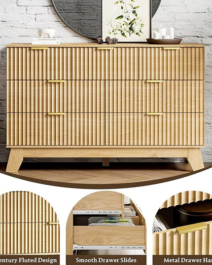 HUANLEGO Fluted Dresser for Bedroom with 7 Drawer, Mid Century Modern Chest of Drawers, 48" Wide Natural Wood Dresser for Closet, Wooden Boho Chest Closet Storage TV Stand for Bedroom, Nature