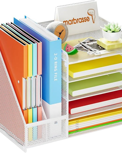 Marbrasse Desk Organizer with File Holder, 5-Tier Paper Letter Tray, Mesh Desk Organizers and Accessories with Magazine Holder, Desktop Organizer and Storage for Office Supplies (White)