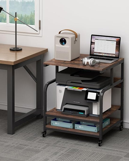 23.6" Deep Extra Large Printer Stand, 3 Tier Printer Table with Adjustable Storage Shelf, Rolling Printer Cart with Industrial Wheels for Home Office, Rustic Brown