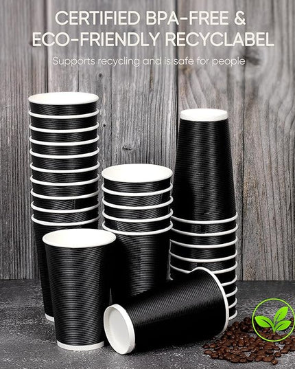 Coolcap 100 Pack 16 oz Disposable Coffee Cups with Lids and Straws, Insulated Ripple Wall To Go Paper Corrugated Cups, Bulk for Hot/Cold Drinks, Cafe Bar, Office, Chocolate, Cocoa (Black)