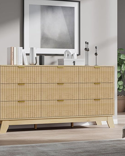 BORNOON Fluted 9 Drawer Dresser, 57.1" Wide Modern Boho Chest of Drawers, Wooden Storage Dresser TV Stand for Bedroom, Living Room, Closet, Hallway, Curved Profile Design