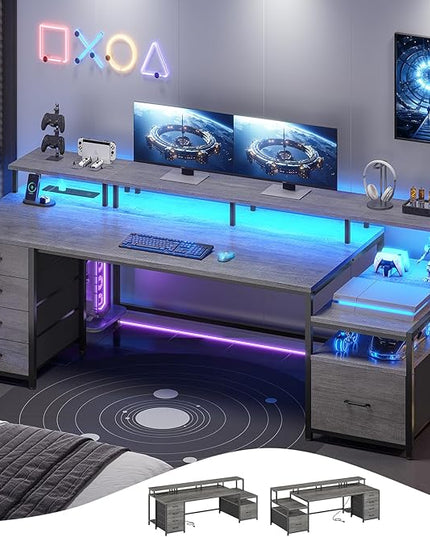 SEDETA 75'' Computer Desk with 5 Drawer, Power Outlet & Led Lights, Home Office Desk with File Drawer, Storage Shelves, Printer Cabinet and Monitor Shelf, 23.6" W Large Desktop Gaming Desk, Grey