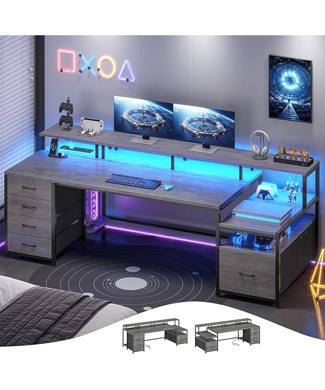 SEDETA 75'' Computer Desk with 5 Drawer, Power Outlet & Led Lights, Home Office Desk with File Drawer, Storage Shelves, Printer Cabinet and Monitor Shelf, 23.6" W Large Desktop Gaming Desk, Grey