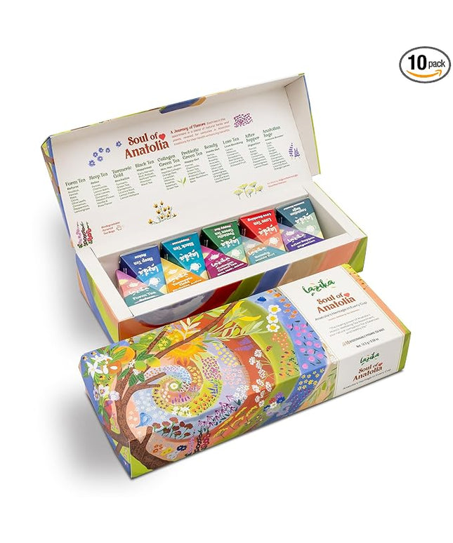 Lazika Tea Variety Pack with Lovely Presentation Box, Black, Green and Herbal Tea Sampler Gift Set, 10 Counts, Premium Collection with Pyramid Infuser Bag, Handcrafted