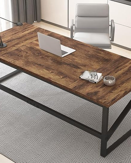 HSH Large Rustic Brown Computer Desk, 70 Inch Home Office Metal Wood Desk for 2 Person, Farmhouse Extra Long Writing Study Gaming Table, Bedroom Living Room PC Laptop Dual Monitor Desk