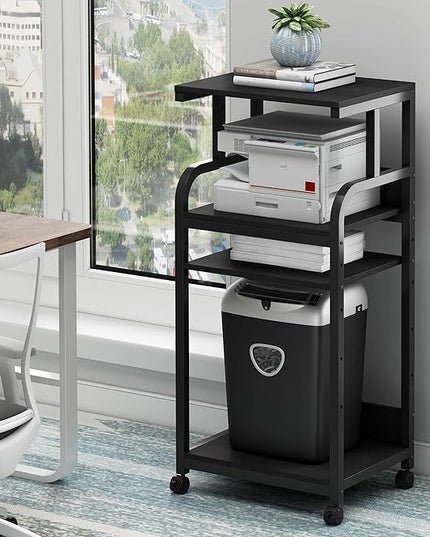 Printer Stand with Adjustable Shelf, 4 Tier Large Tall Printer Table with Wheels for Home Office Storage and Organization, Rolling Stand Cart for Computer Tower CPU Shredder, Black