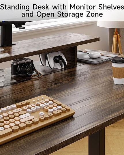 ONBRILL L Shaped Standing Desk with File Cabinet, 55x24'' Electric Stand Up Desk with Monitor and Storage Shelf, Adjustable Height 28-46'' for Home and Computer Workstation, Walnut