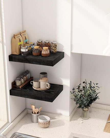 12 Inch Deep Black Floating Shelves, 16 x 12 Floating Shelf for Books, Rustic Wood Deep Wall Shelves for Home Storage & Display, 2" Thicked Shelves for Kitchen, Living Room, Bedroom, 2 Pack