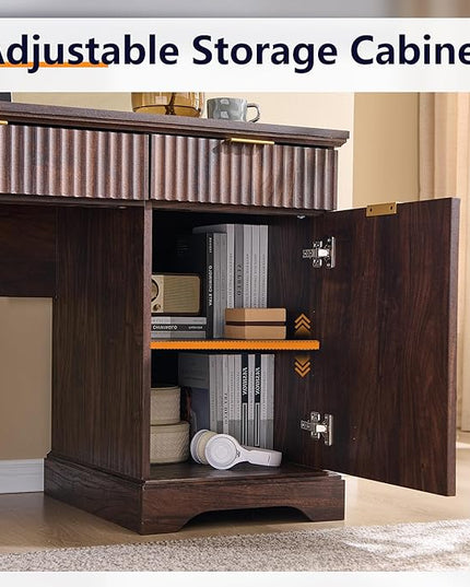 JXQTLINGMU 58" Modern Executive Desk with Storage, Wood Home Office Desk with 5 Drawers & 1 Cabinet, Fluted Computer Writing Desk for Study, Living Room, Bedroom, Dark Walnut