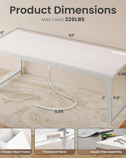 Huuger 63 x 24 inch Desk with Power Outlets & USB-C, Deeper & Thicker Desktop, Robust Metal Tubes, Computer Desk, Heavy Duty Office Desk, Work Gaming Desk, for Home Office, White