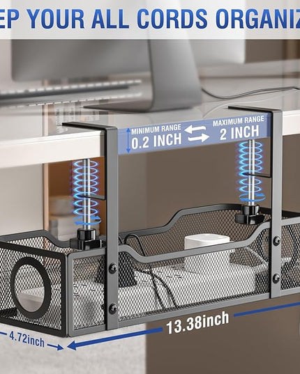 Under Desk Cable Management Tray, GZOKMOG Cord Management with Upgraded Clamp No Drill, Metal Cable Management Box for Home Office, Wire Management for Standing Desk, 2 Pack Black, 13.38 inch
