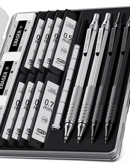 Four Candies 4PCS Metal Mechanical Pencils Set with Case, 0.5mm & 0.7 mm Artist Pencil with 8 Tubes (480PCS) HB Lead Refills, 3 Erasers,9 Eraser Refills For Writing Drafting, Drawing, Black&Silver