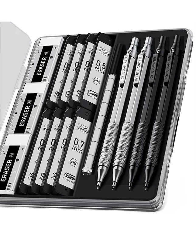 Four Candies 4PCS Metal Mechanical Pencils Set with Case, 0.5mm & 0.7 mm Artist Pencil with 8 Tubes (480PCS) HB Lead Refills, 3 Erasers,9 Eraser Refills For Writing Drafting, Drawing, Black&Silver