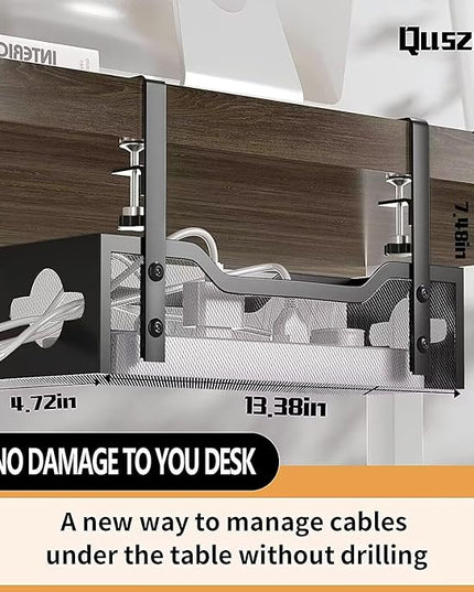2 Pack Under Desk Cable Management Tray, 13.38" Cable Organizer No Drill, Quszmd Standing Cord Organizer and Wire Management - Black