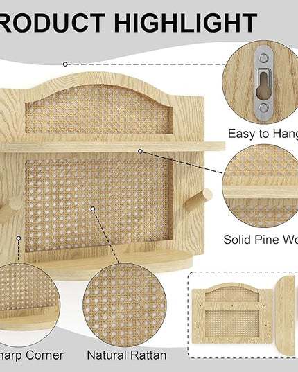 Rattan Wall Shelf Set of 2, Boho Natural Wicker Shelf for Wall with Wood Hook, Nursery Floating Shelves Wall Mounted Rustic Farmhouse Floating Shelf for Decor Storage