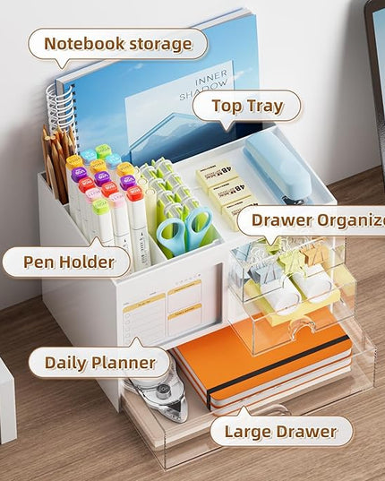 Marbrasse Desk Organizer with 3 Drawer, Multi-Functional Pencil Pen Holder for Desk, Desk Organizers and Accessories with 4 Compartments, Desktop Organizer Storage for Office Home Art Supplies (White)