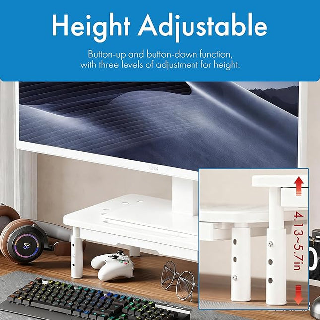 Monitor Stand Riser with Drawer - Adjustable Height (10.5-14.5cm) 3 Gears, Carbon Steel Desk Organizer for Computer/Laptop, Ventilated, Multi-Layer Storage for Office Home，pc stand (White)
