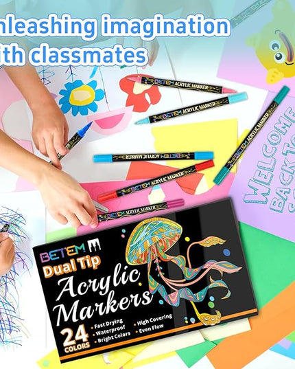 Betem Acrylic Paint Markers, Dual Tip 24 Colors Acrylic Paint Pens with Brush Tip and Fine Point, Art Supplies for Rock, Wood, Canvas, Stone, Glass, Ceramic, Rock Painting Christmas Gift