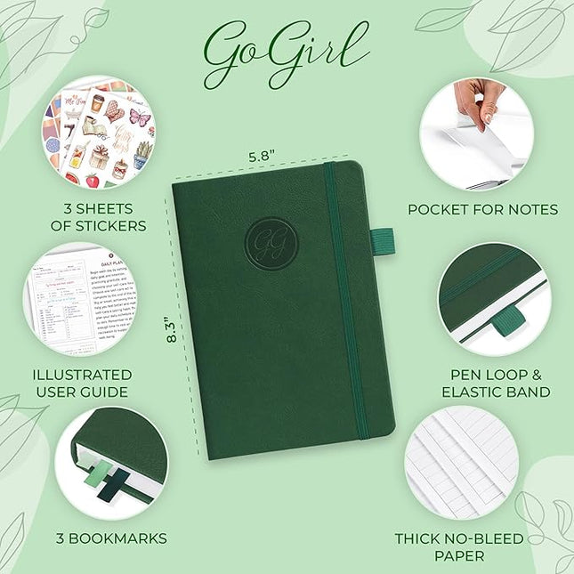GoGirl Self-care Journal – Daily Mental Health Notebook with Mood & Wellness Trackers – Personal Development, Meditation & Reflection Journal for Women – Hardcover, Lasts 3 Months (Forest Green)