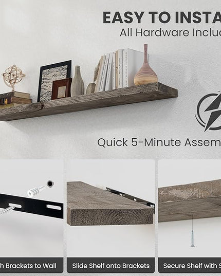 Solid Wood Floating Shelves, 8" Deep Rustic Reclaimed Barnwood Wall Hanging Floating Shelf with Invisible Heavy-Duty Metal Bracket | Wall Mounted | Farmhouse Style | 55 inches,1PC,Grey