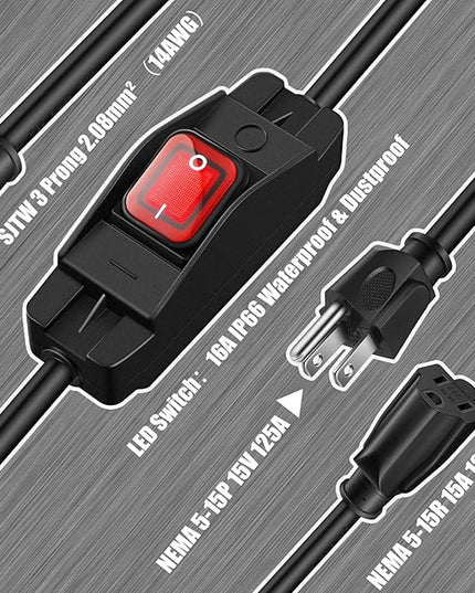 Weewooday 3 Prong Extension Cord Compatible with Waterproof Switch 1875W Heavy Duty 14 AWG Extension Cable 15A 125V NEMA 5-15P to NEMA 5-15R Grounded Outlets Plugs(6.6 ft,Black)