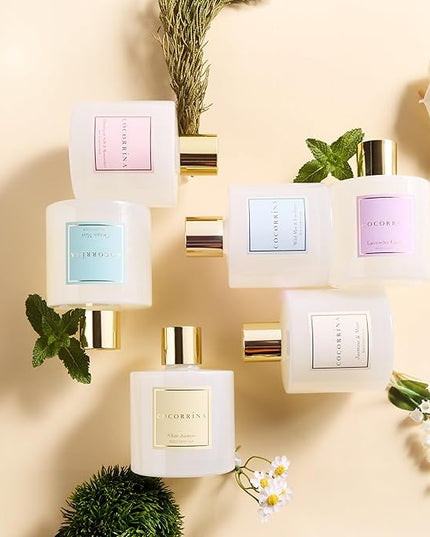 COCORRÍNA Reed Diffuser - Jasmine & Mint 6.7 Fl.oz Reed Diffuser Set with Sticks & Preserved Baby's Breath, Reed Diffuser for Home Bathroom Shelf Decor