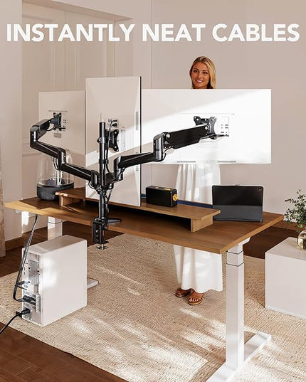HUANUO Triple Monitor Mount for 17 to 32 inch Screens, Adjustment Gaming Triple Monitor Stand with Swivel, Tilt, Rotation, Clamp & Grommet Kit