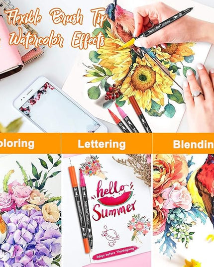 Soucolor Art Brush Markers Pens for Adult Coloring Books, 36 Colors Numbered Dual Tip (Brush and Fine Point) Marker Pen for Note taking Planner Hand Lettering Calligraphy Drawing Journaling