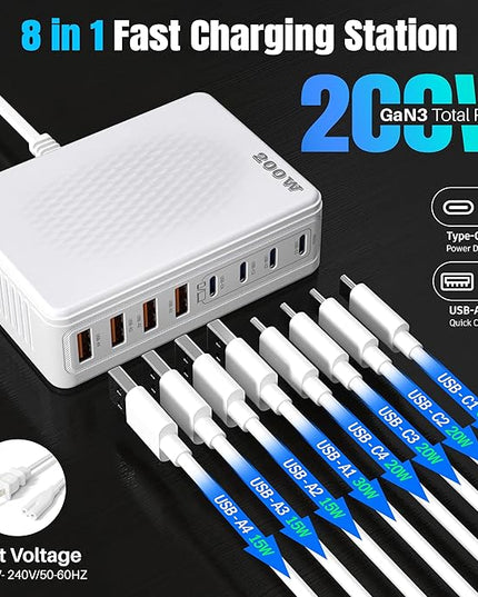 200W GaN III 8-Ports USB C Fast Charger, Type C Block, QC4.0 Fast Phone Charging Station Hub PD 65W Charger Power Adapter for iPad/Air/Pro/iPhone 17/16 MacBook Pro/Air, Galaxy Phones, Tablet